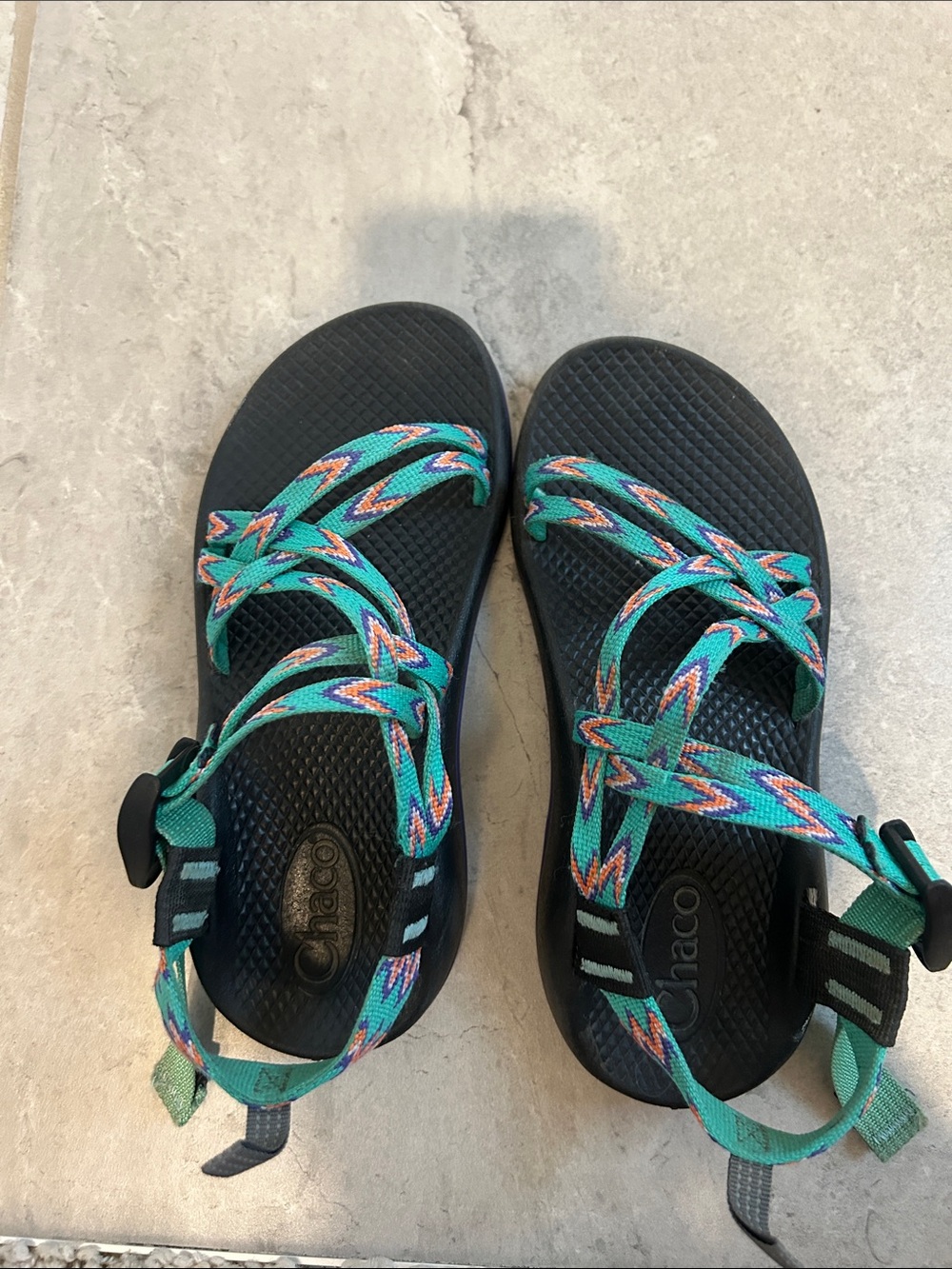 Chaco Kid’s Size 3 Chaco Sandles with Teal and Coral Patterned Straps